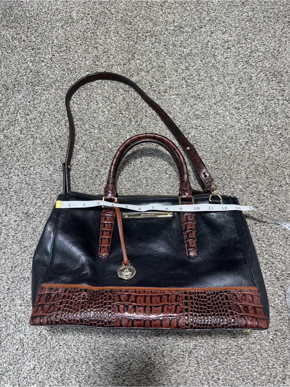 Brahmin Black Leather Satchel Shoulder Bag Brown Croc Embossed Trim Purse - Picture 16 of 16